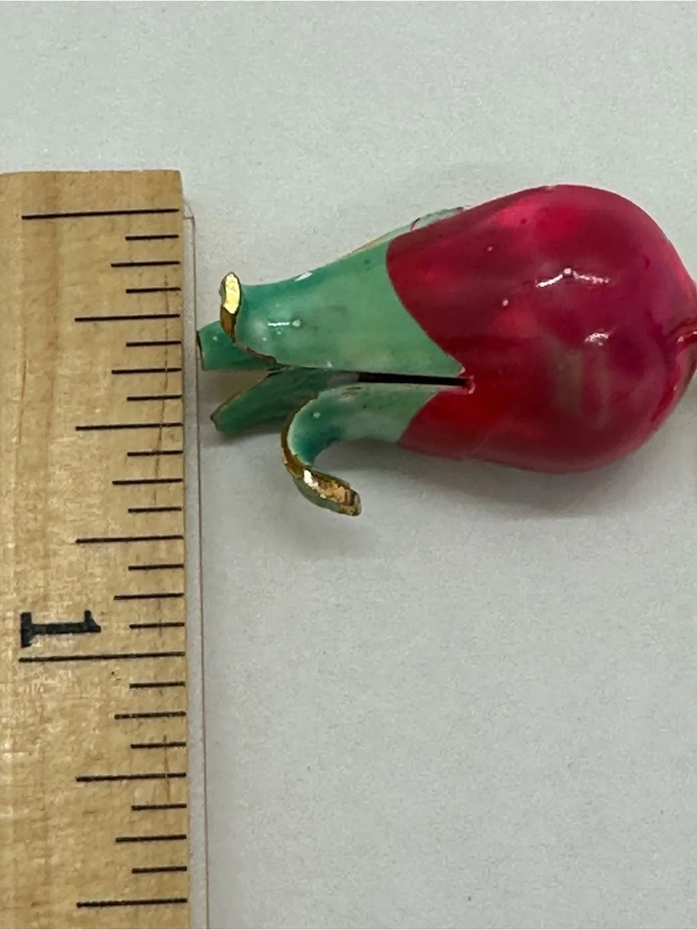 Enamel Pink and Green Rosebud Brooch with Gold-Tone Stem